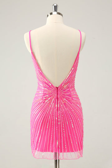 Spaghetti Straps Fuchsia Bodycon Cocktail Dress with Sequins